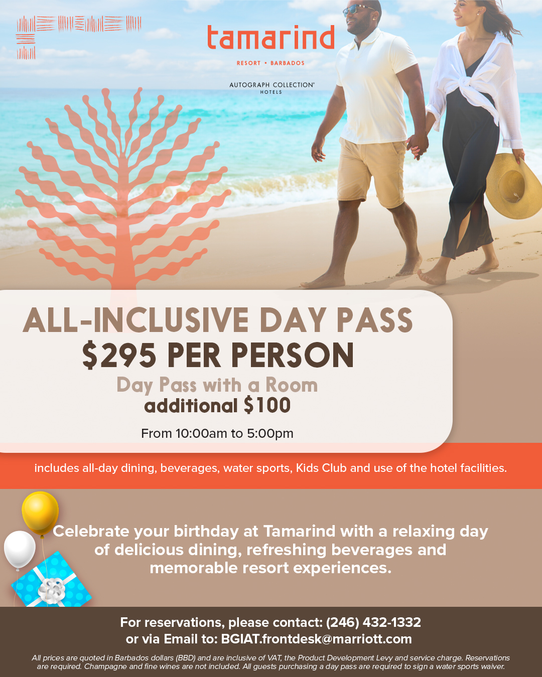 Tamarind Resort Day Passes – Breakfast, Lunch, Dinner & All-Inclusive from BBD $110