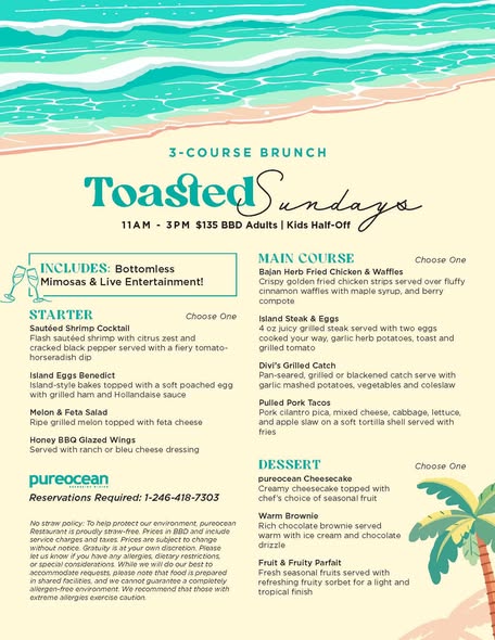 Toasted Sundays – 3-Course Sunday Brunch at pureocean, Divi Southwinds | $135 BBD Adults, Kids Half-Off