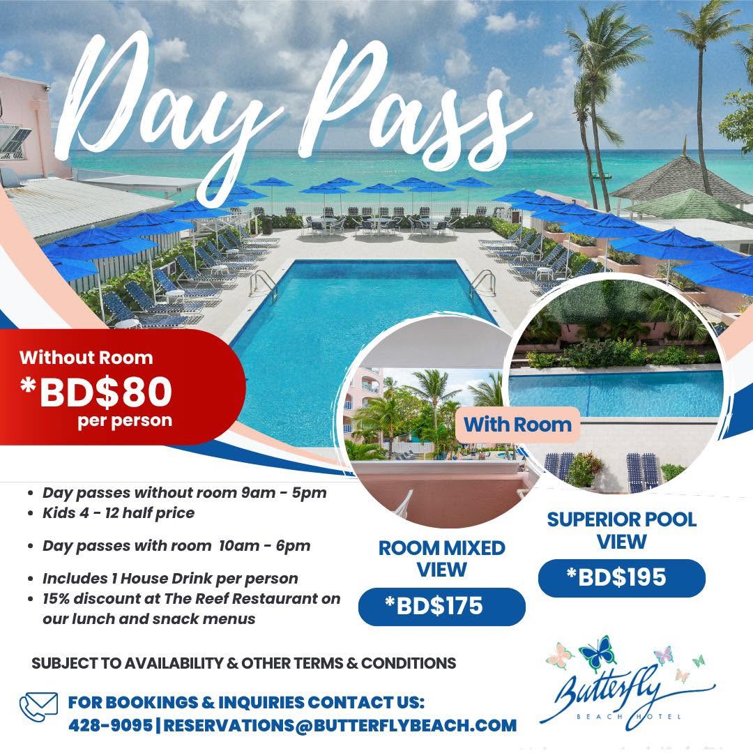 Butterfly Beach Hotel Day Pass – From BD$80 per person