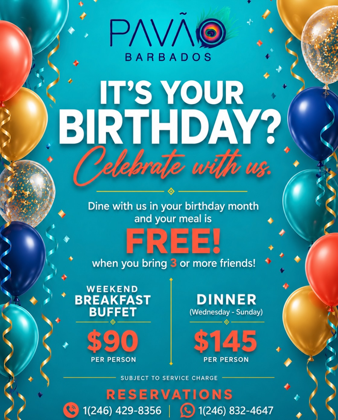 PAVÃO Barbados Birthday Month Special – Free Meal When You Bring 3+ Friends