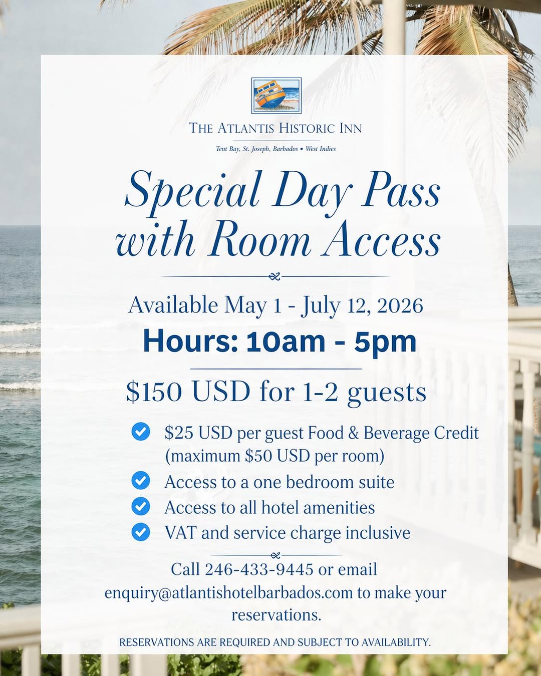 Special Day Pass with Room Access – $150 USD for 1-2 Guests