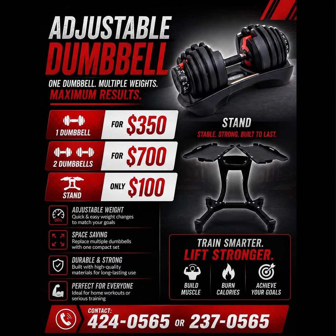 Adjustable Dumbbell Sale – 1 Dumbbell $350, 2 Dumbbells $700, Stand $100