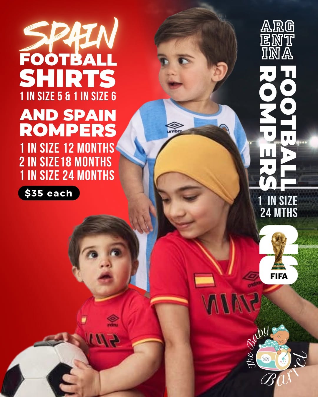 FIFA World Cup '26 Kids' Football Gear – Spain & Argentina Shirts and Rompers at $35 Each