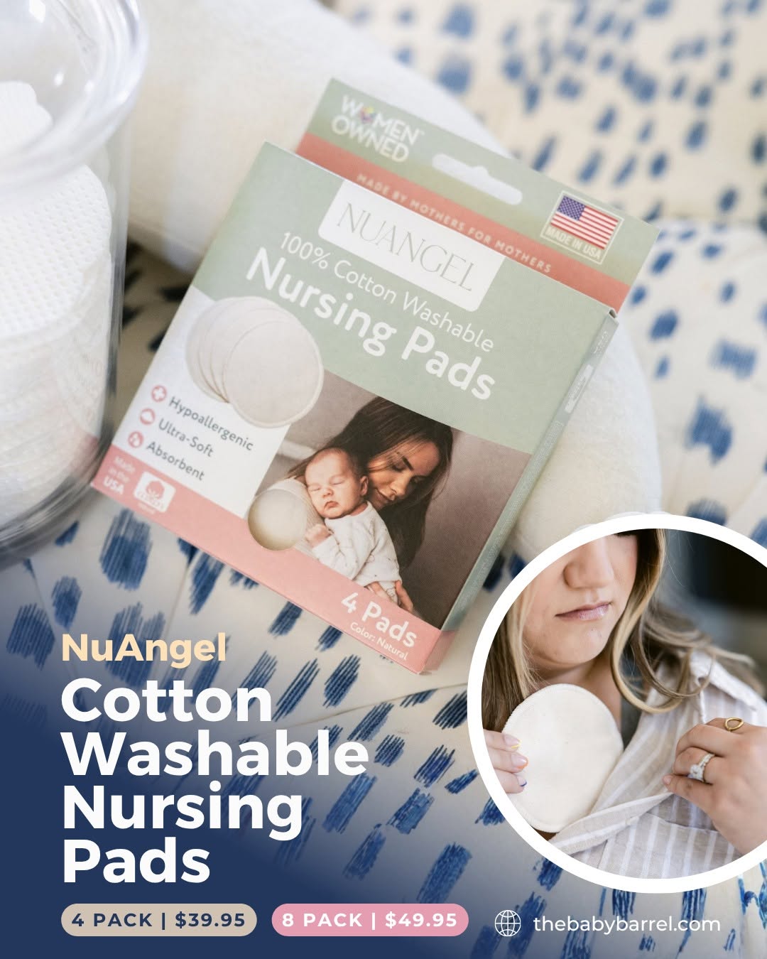 NuAngel 100% Cotton Washable Nursing Pads – 4 Pack $39.95 | 8 Pack $49.95