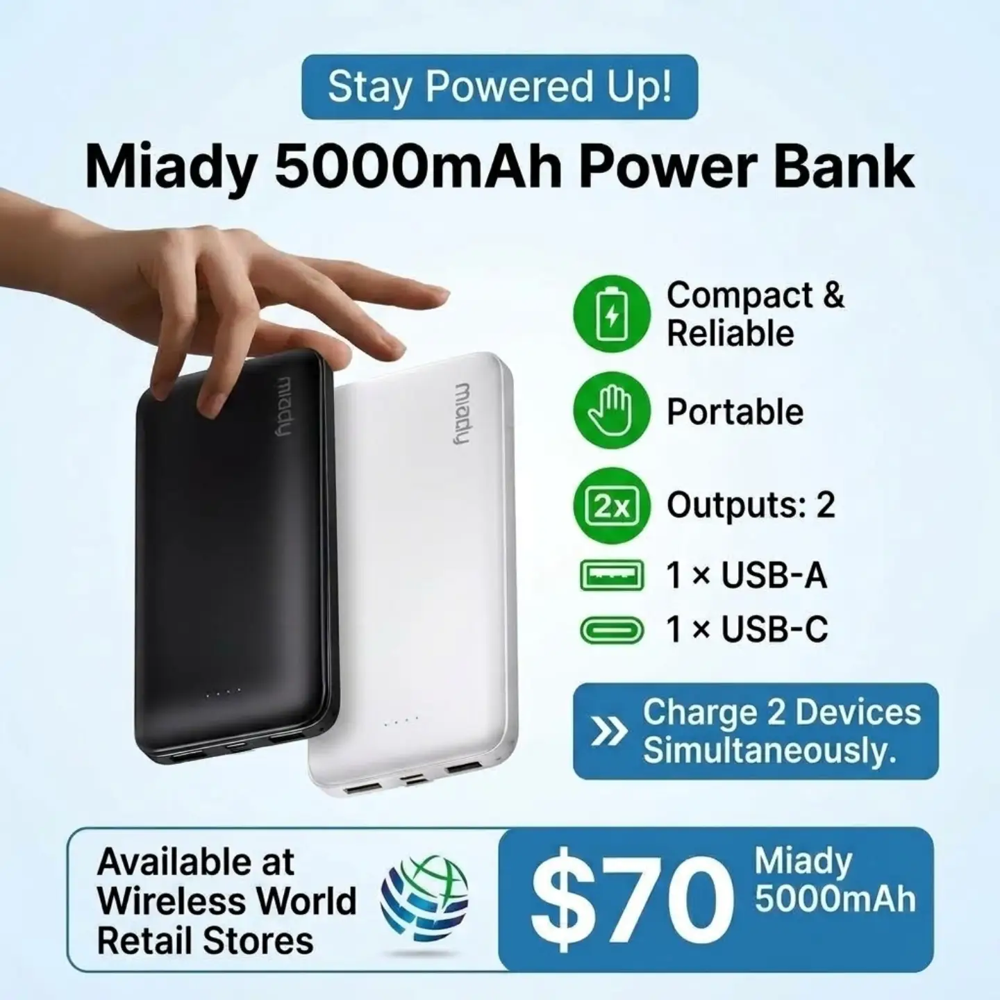 Miady 5000mAh Power Bank – $70 at Wireless World