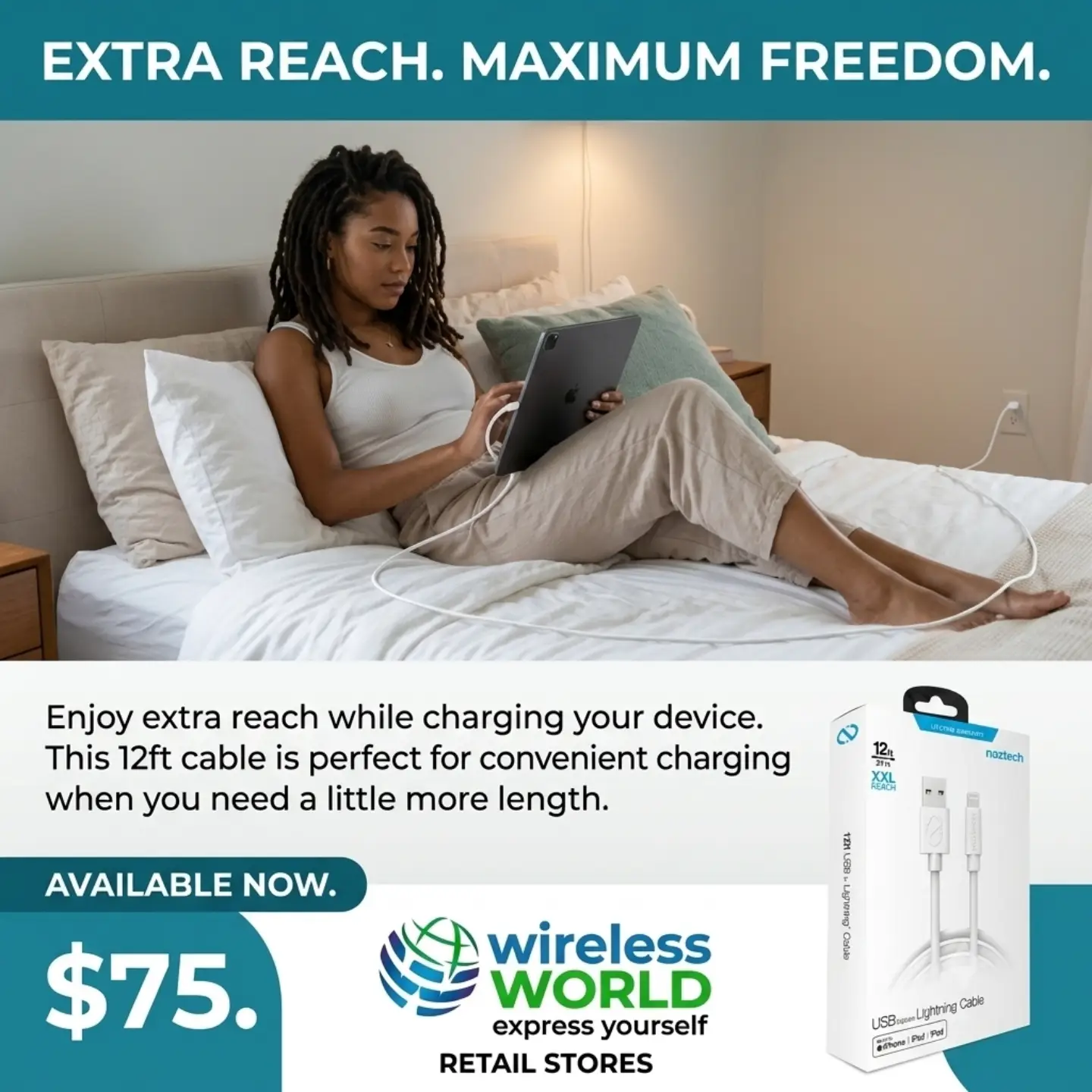 Naztech 12ft USB Lightning Cable – $75 at Wireless World