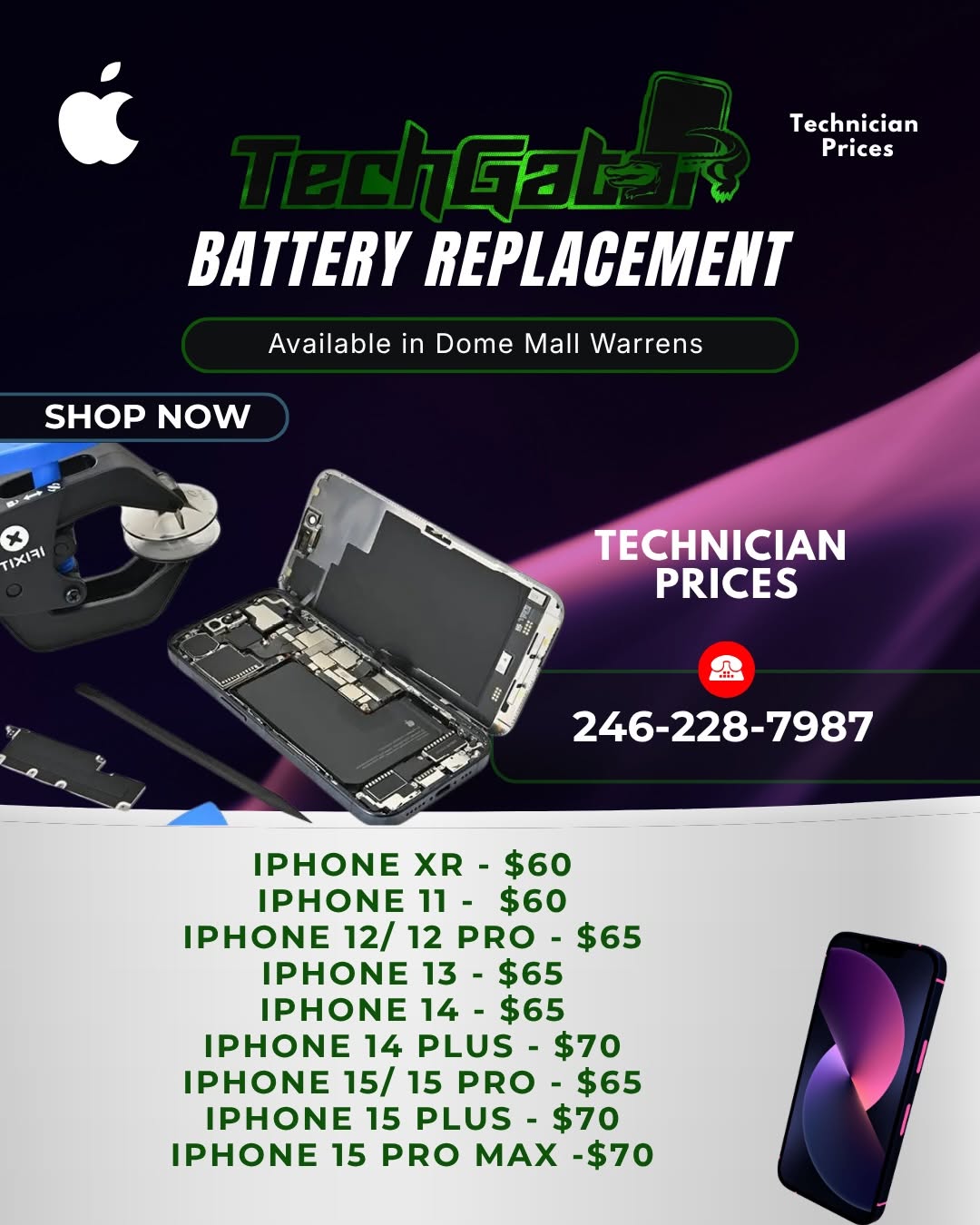 TechGator iPhone Battery Replacement – Retail & Technician Prices at Dome Mall Warrens