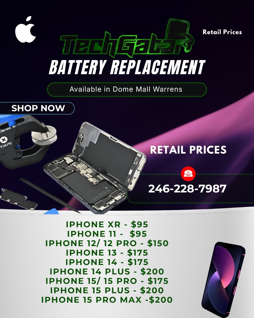 TechGator iPhone Battery Replacement – Retail & Technician Prices at Dome Mall Warrens
