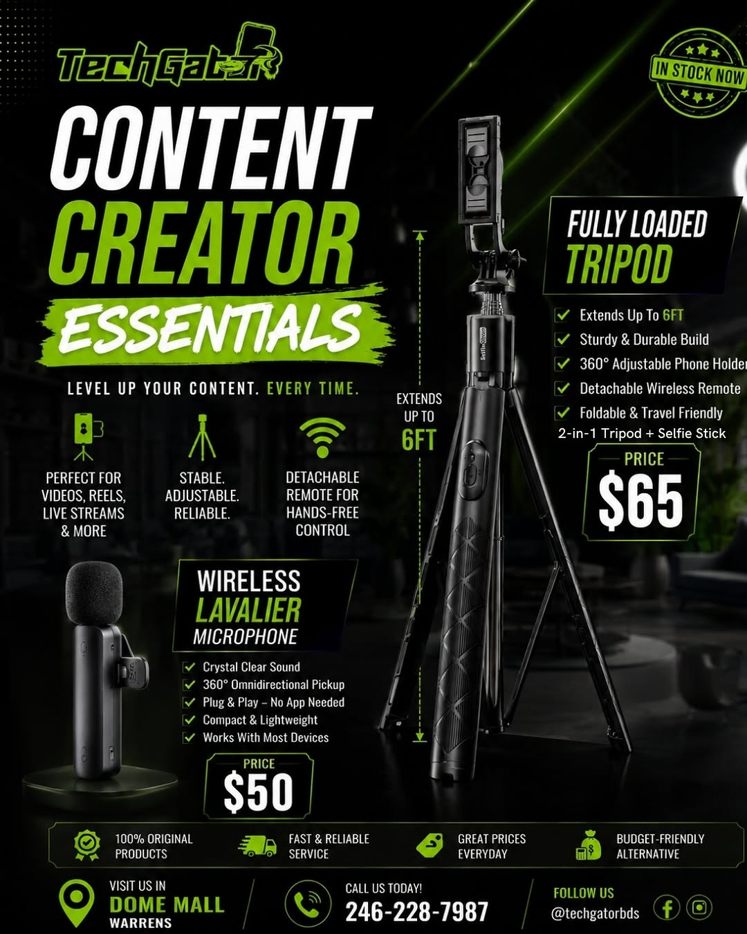 Content Creator Essentials – Wireless Lavalier Mic $50 & Fully Loaded Tripod $65