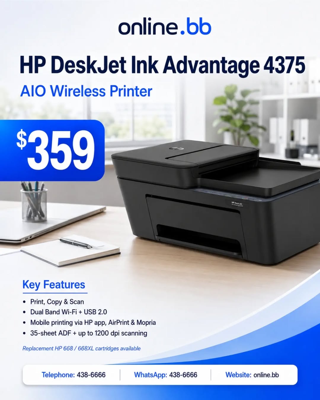 HP DeskJet Ink Advantage 4375 AIO Wireless Printer – $359