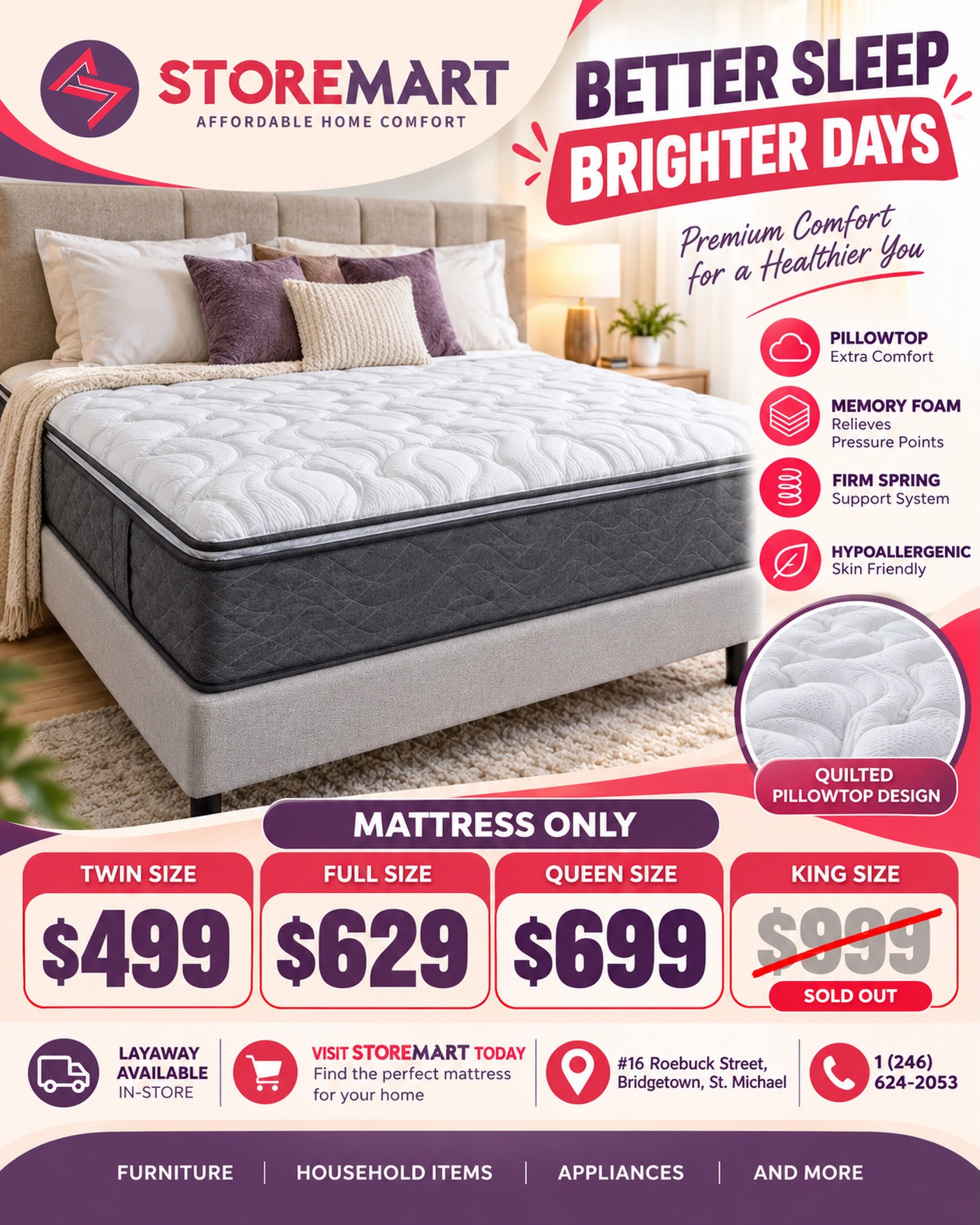 StoreMart Mattress Sale – Twin $499, Full $629, Queen $699