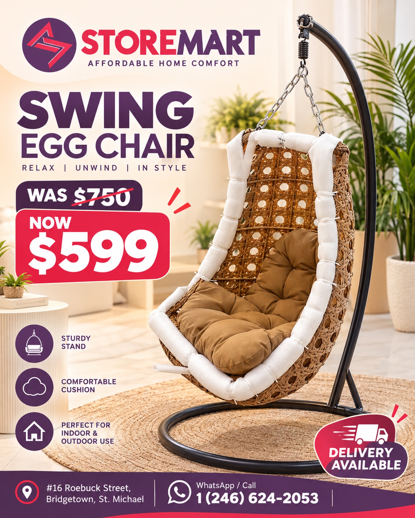 Swing Egg Chair – Was $750, Now $599 at Store Mart Barbados