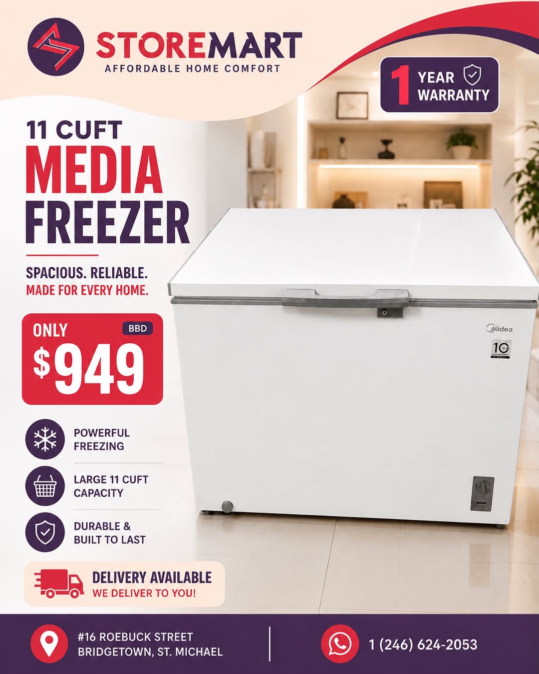 11 CUFT Midea Chest Freezer – Only $949 BBD at StoreMart