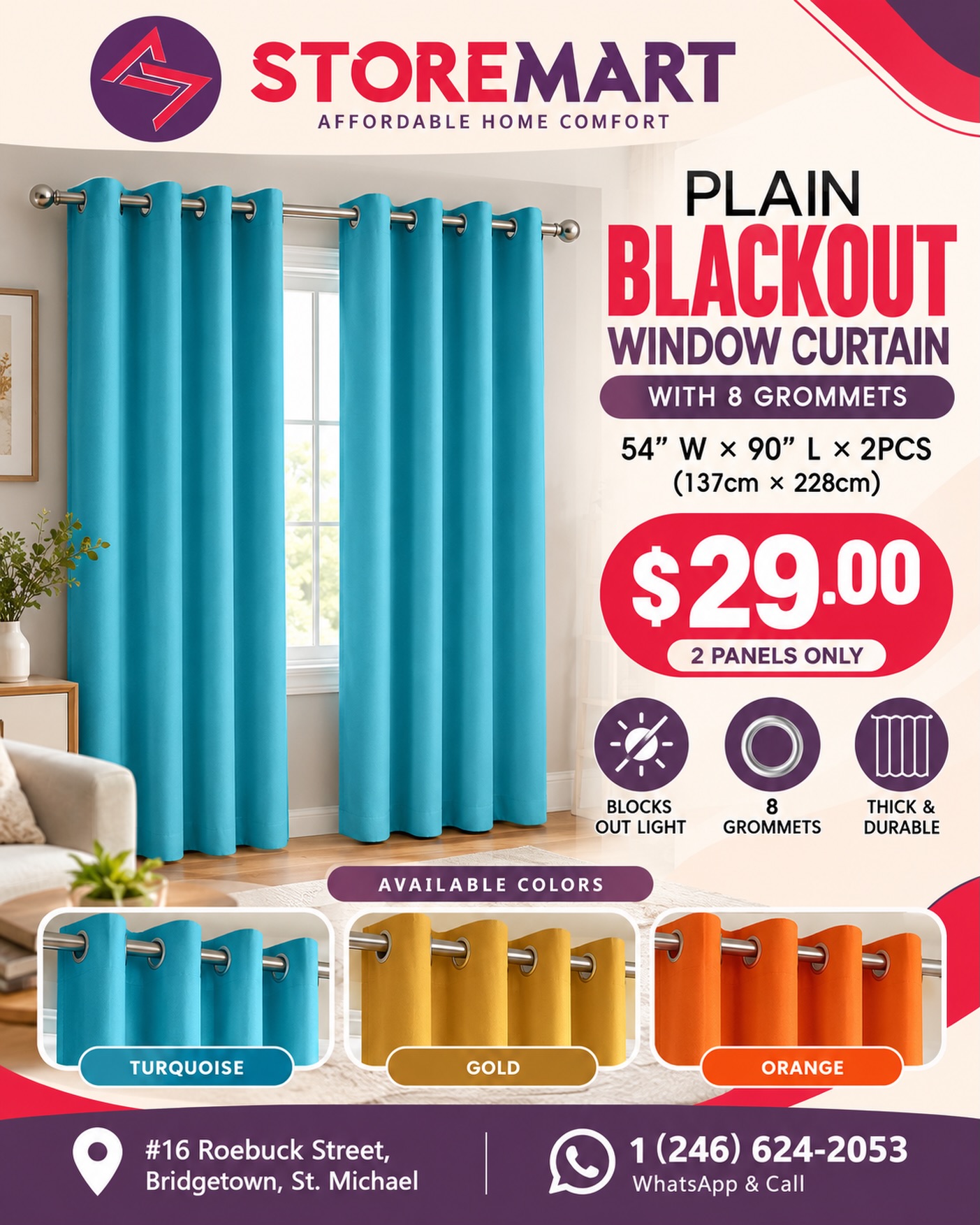 Plain Blackout Window Curtain – 2 Panels for $29.00 at Store Mart