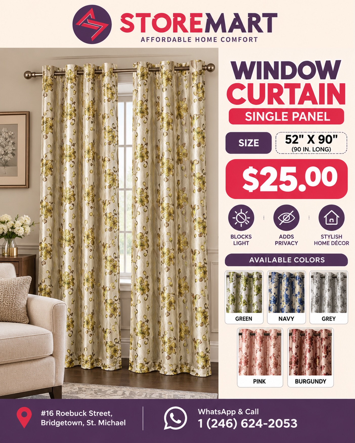Window Curtain Single Panel – $25.00 at Store Mart