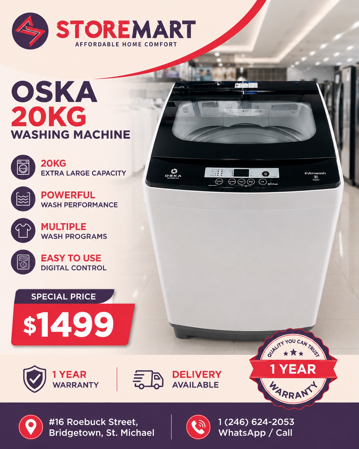 OSKA 20KG Washing Machine – Special Price $1,499