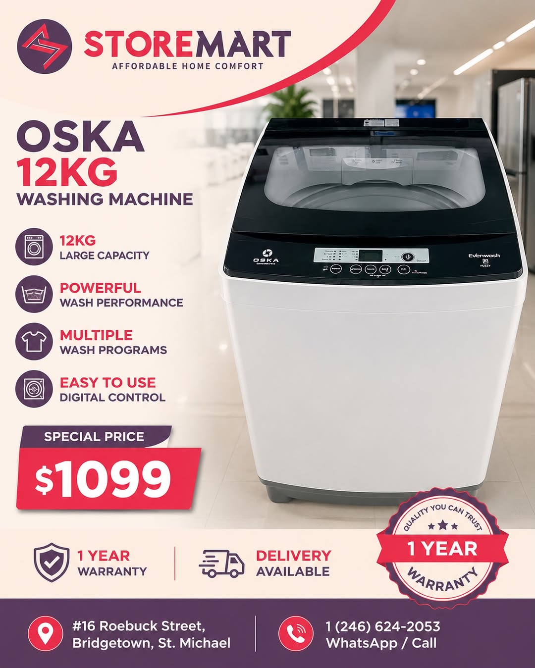 OSKA 12KG Washing Machine – Special Price BDS $1,099 at StoreMart