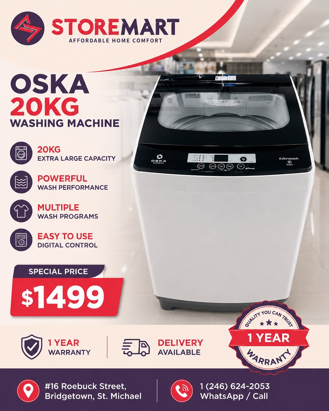 OSKA 20KG Washing Machine – Special Price BDS $1,499 at StoreMart