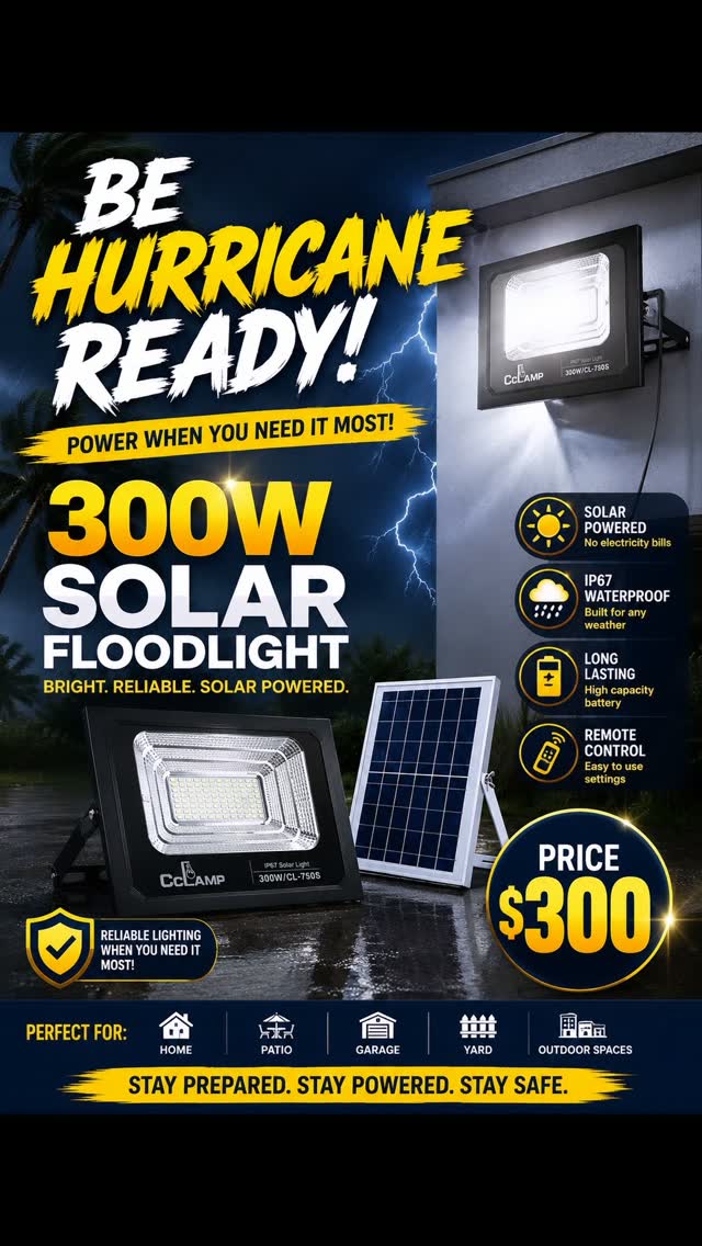 300W Solar Floodlight – Hurricane Ready at $300