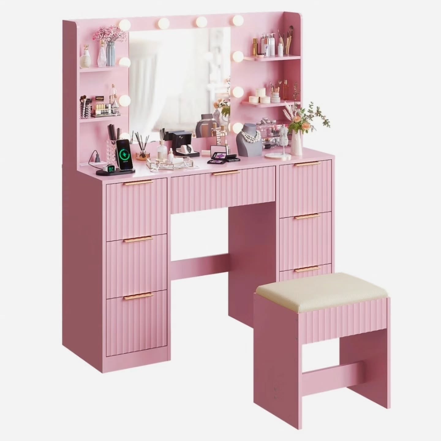 Pink Makeup Vanity Desk With Stool - $799.99
