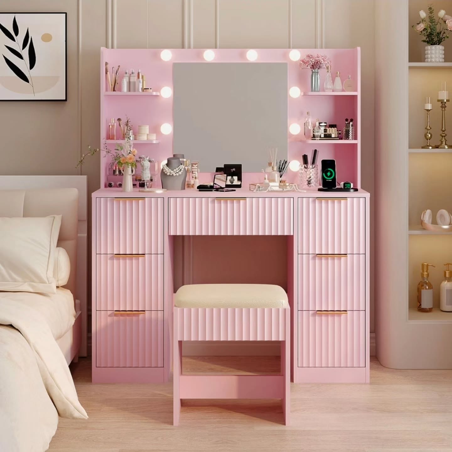 Pink Makeup Vanity Desk With Stool - $799.99