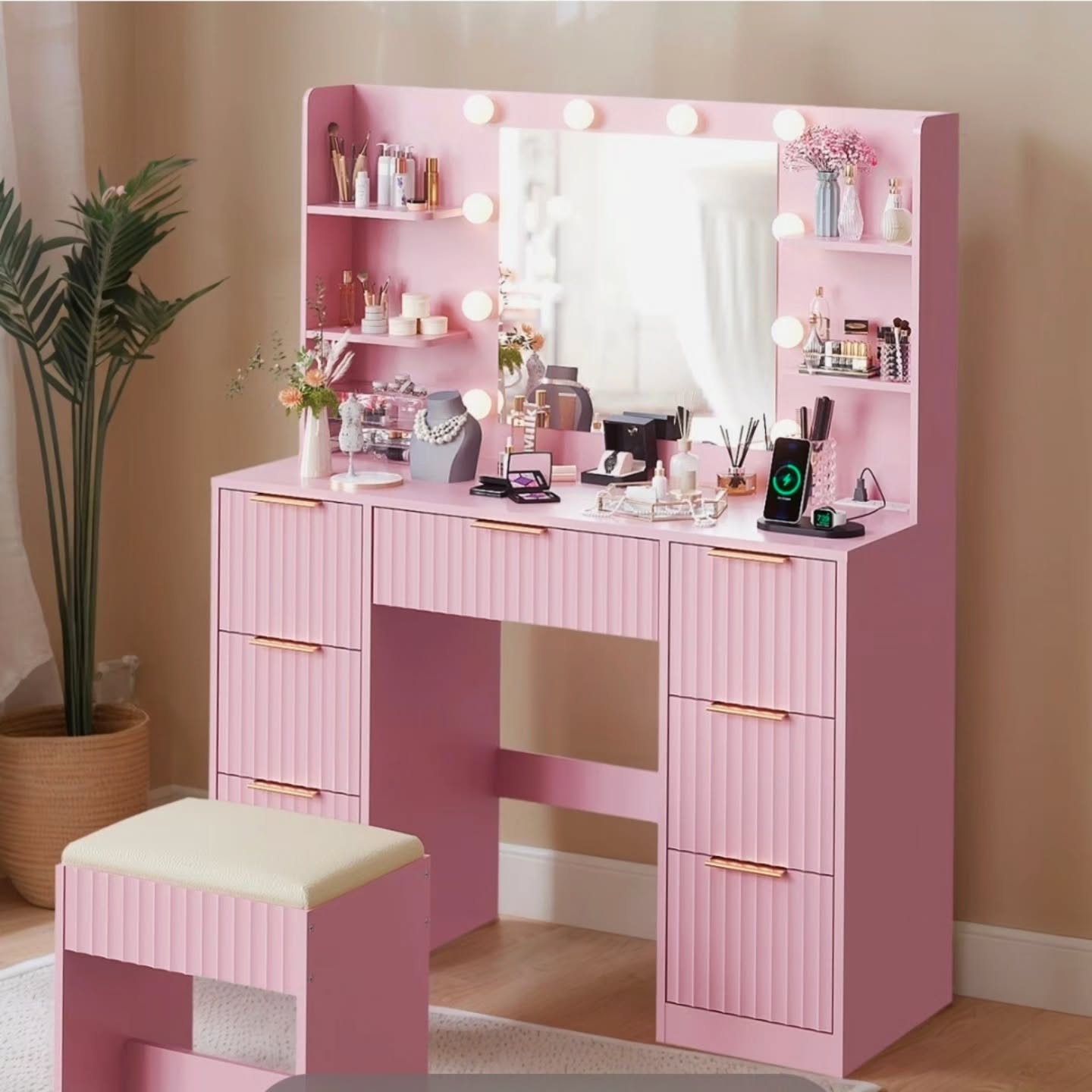 Pink Makeup Vanity Desk With Stool - $799.99