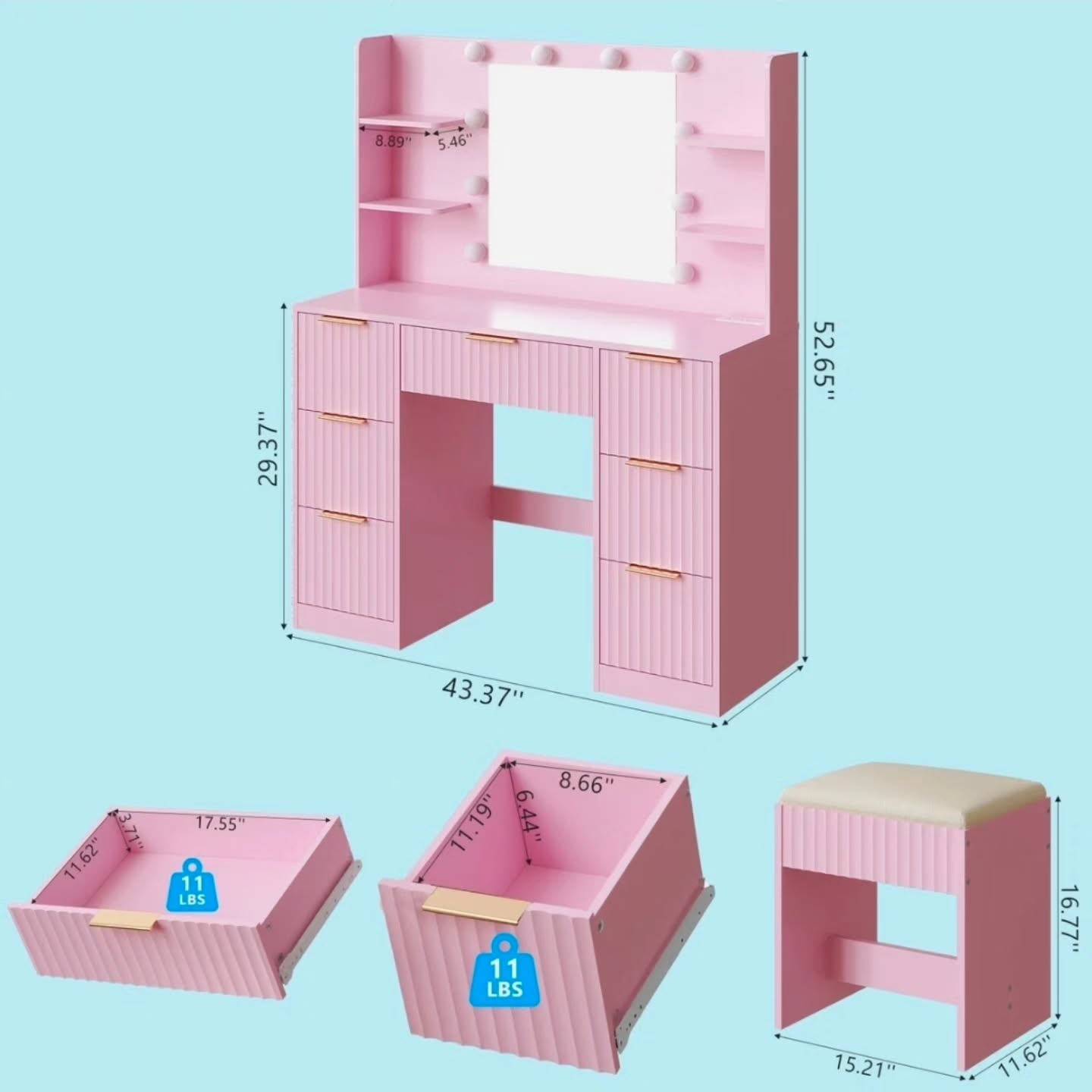 Pink Makeup Vanity Desk With Stool - $799.99