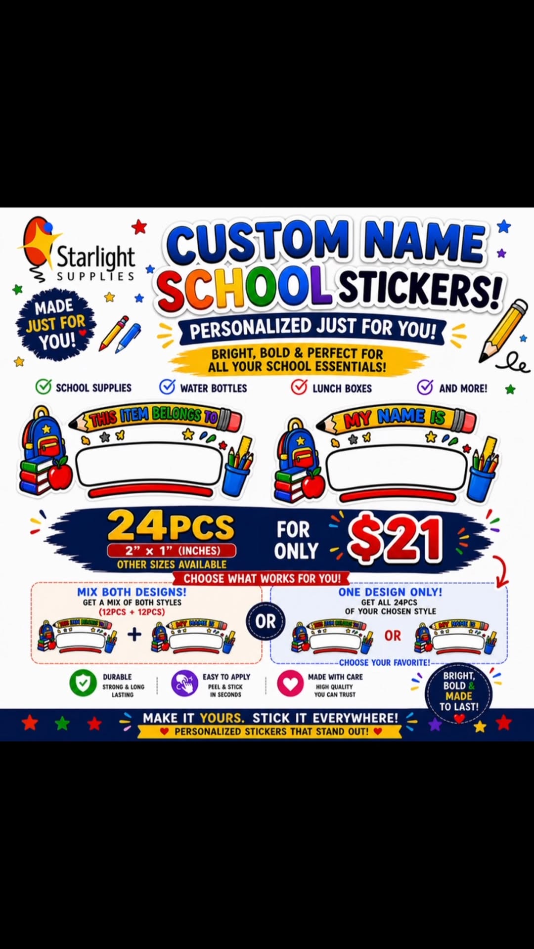 Back to School Custom Name Label Stickers – 24pcs for $21