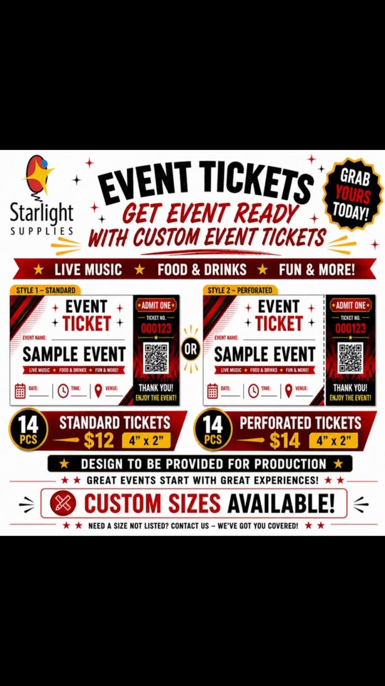 Custom Event Tickets – Standard $12 or Perforated $14 for 14 pcs