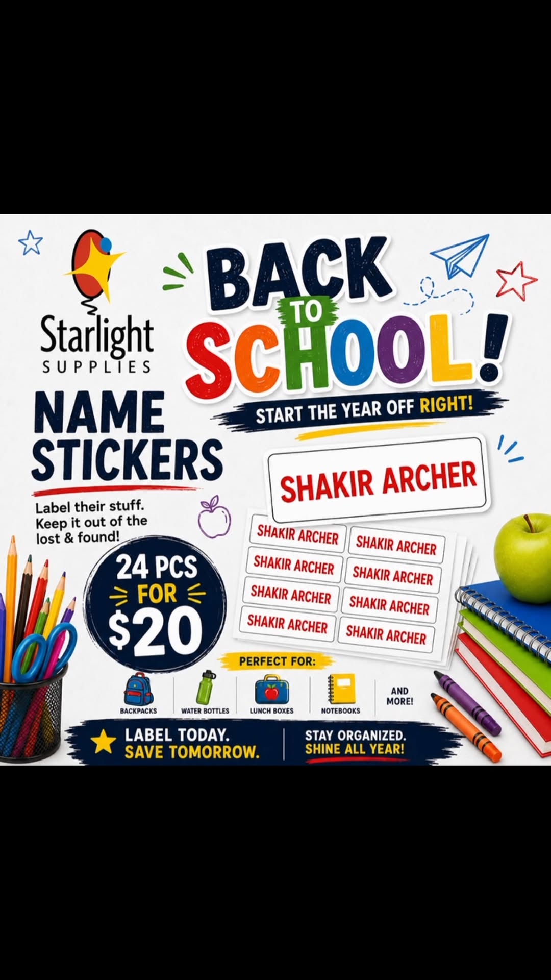 Back to School Name Stickers – 24pcs for $20