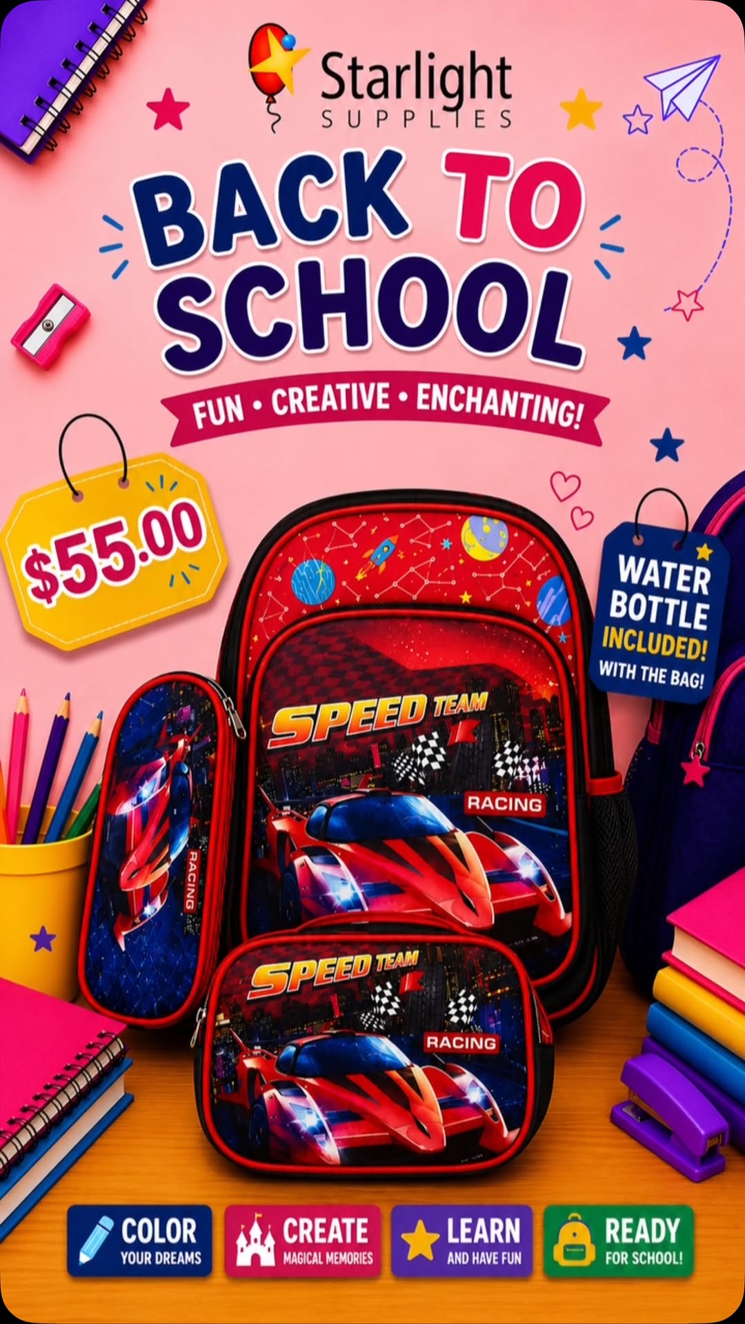 Back to School – School Bags with Free Water Bottle at $55.00