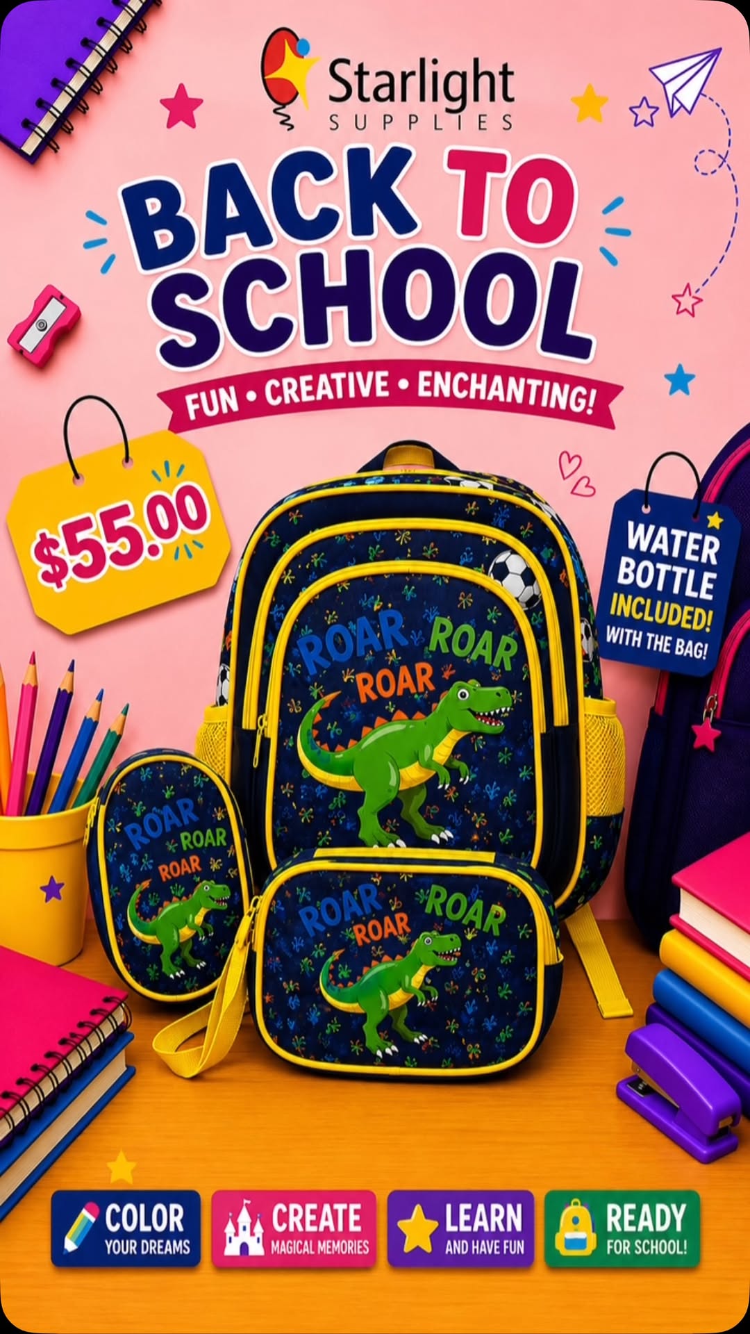 Back to School: School Bags with Free Water Bottle – $55.00