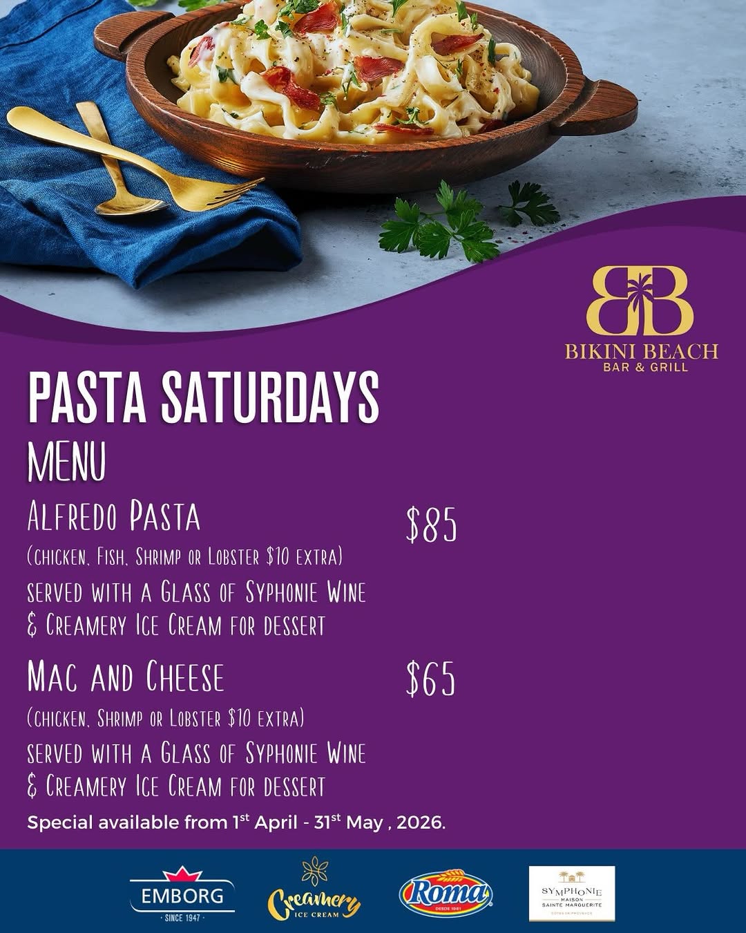 Pasta Saturdays at Bikini Beach Bar & Grill – Alfredo or Mac & Cheese with Wine & Ice Cream