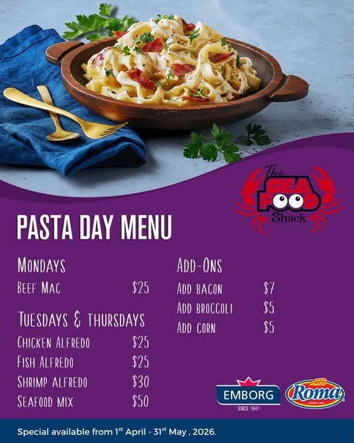 Pasta Day Menu at The Seafood Shack – April 1 to May 31, 2026