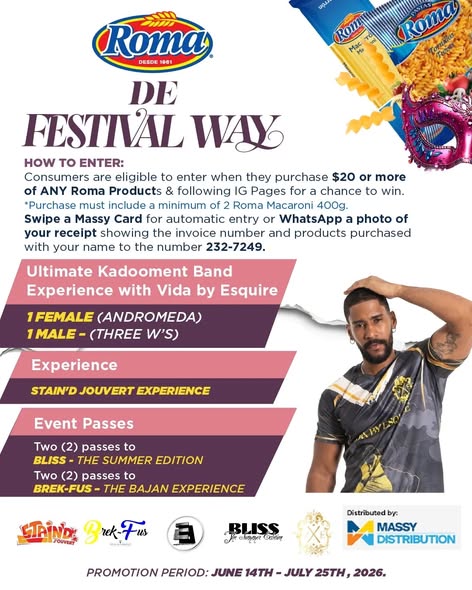 Roma De Festival Way – Spend $20+ on Roma Products to Win Crop Over Experiences