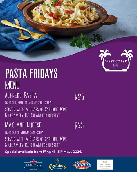 Pasta Fridays at West Coast Café – Alfredo & Mac and Cheese Specials with Wine & Dessert