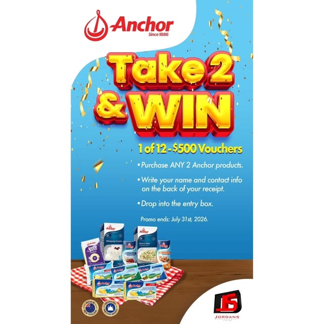Anchor Take 2 & Win – Chance to Win 1 of 12 x $500 Vouchers at Jordan's Supermarket