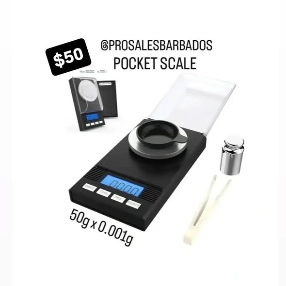 Pro Sales Barbados: Price Computing Scale $79, Pocket Scale $50, LED Rechargeable Light $25