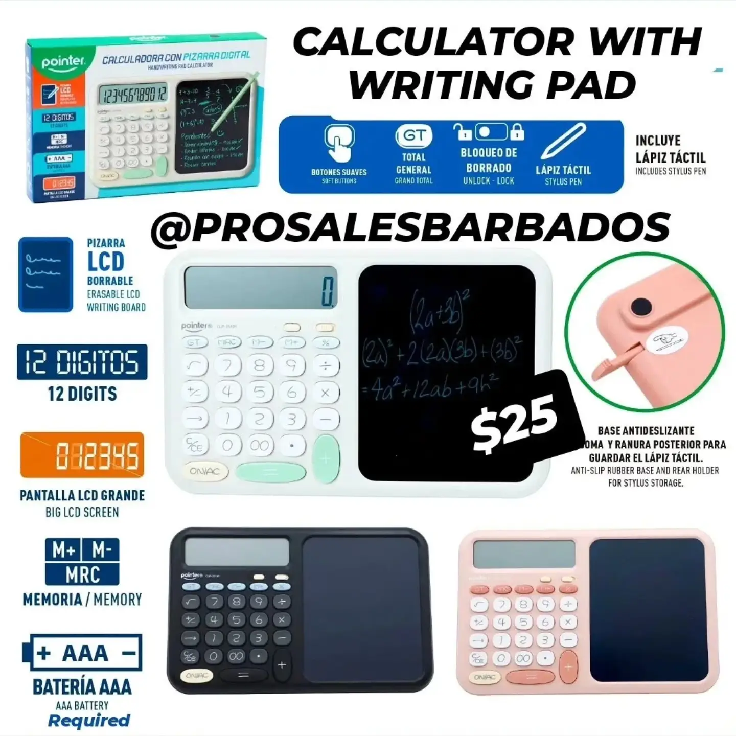 Pro Sales Barbados: Calculator with Writing Pad $25, Wooden Tic Tac Toe $5, Electric Massager $6