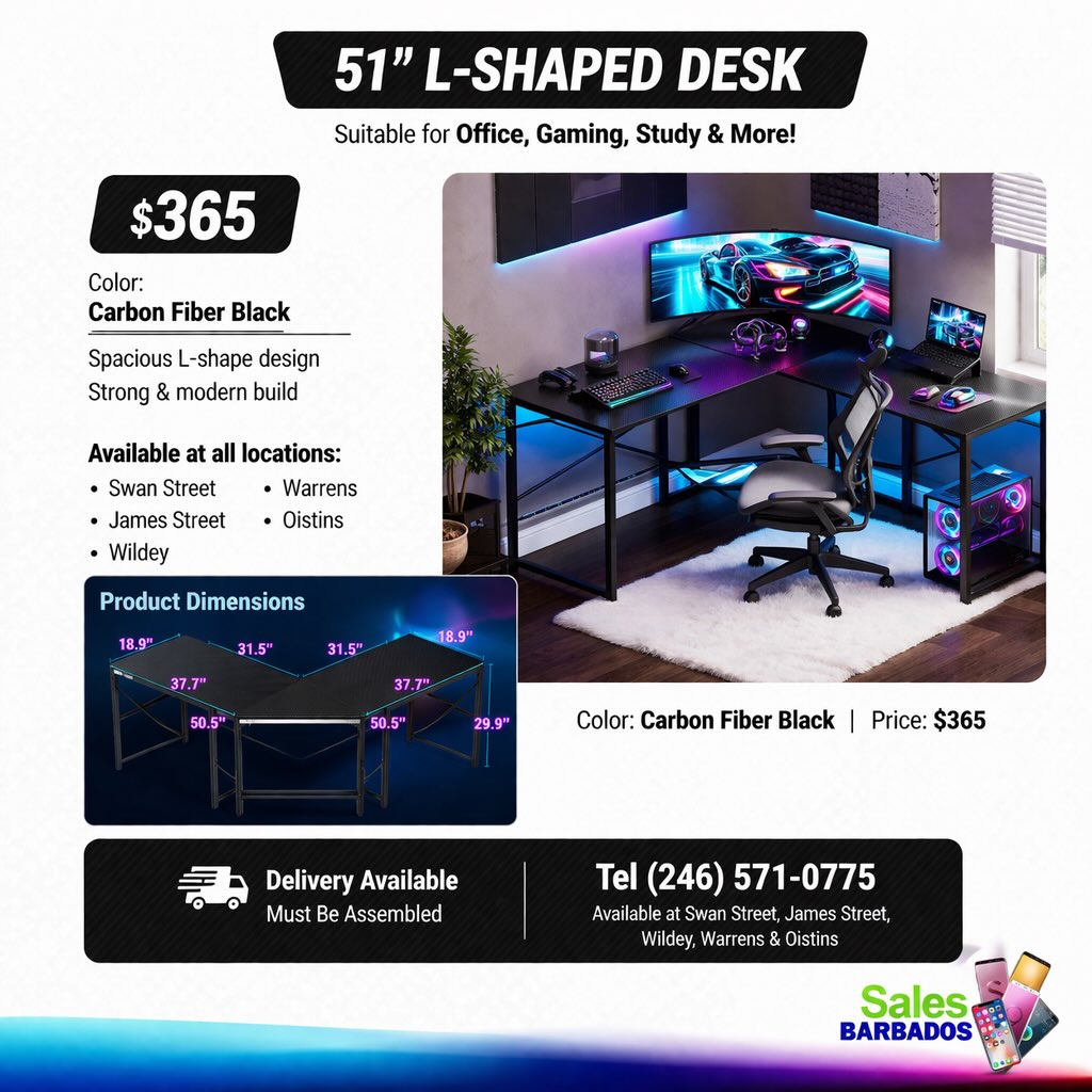 51" L-Shaped Desk – Carbon Fiber Black for $365