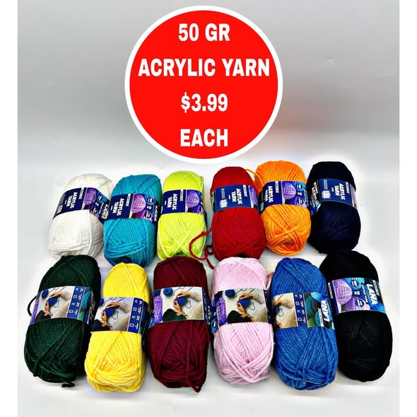 50g Acrylic Yarn – $3.99 Each, 12 Colors Available