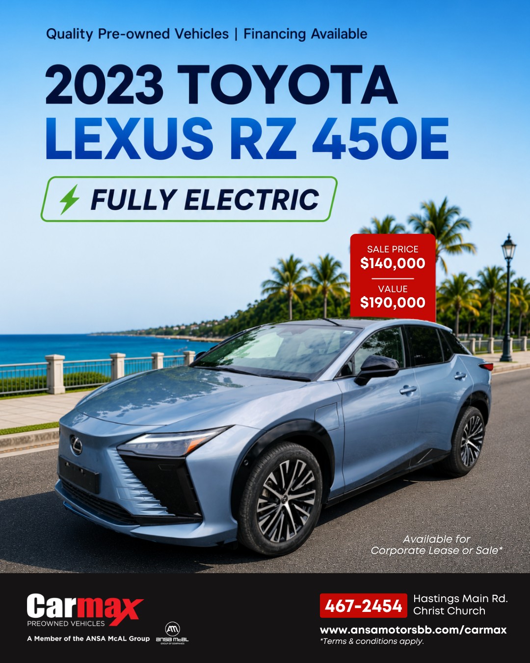 2023 Lexus RZ 450e Fully Electric – Sale Price $140,000 (Value $190,000)