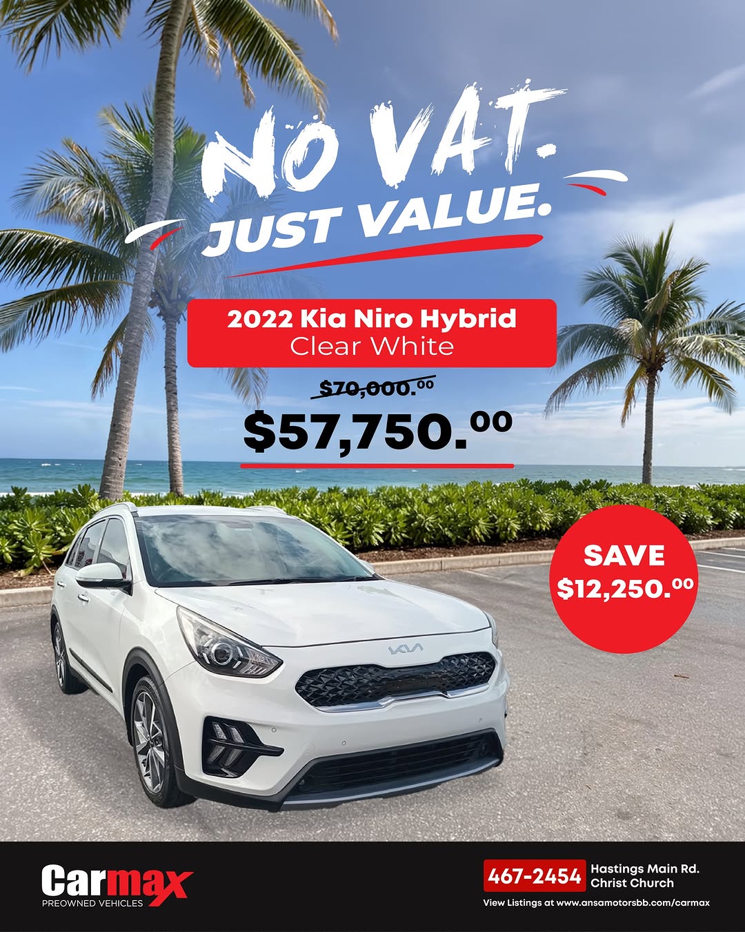 No VAT. Just Value. – 2022 Kia Niro Hybrid at $57,750 (Save $12,250)