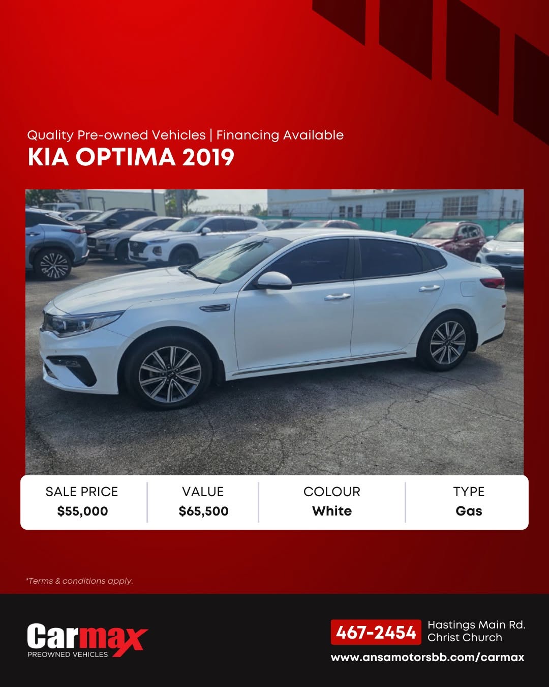 2019 Kia Optima Pre-Owned – Sale Price $55,000 (Value $65,500)