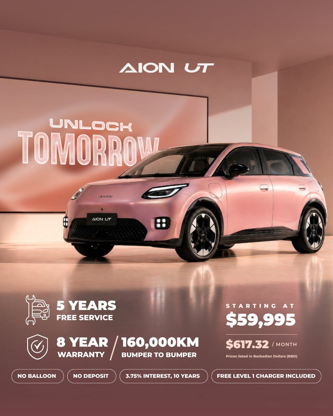 AION UT Electric Vehicle – Starting at $59,995 BBD with No Deposit & Free Level 1 Charger