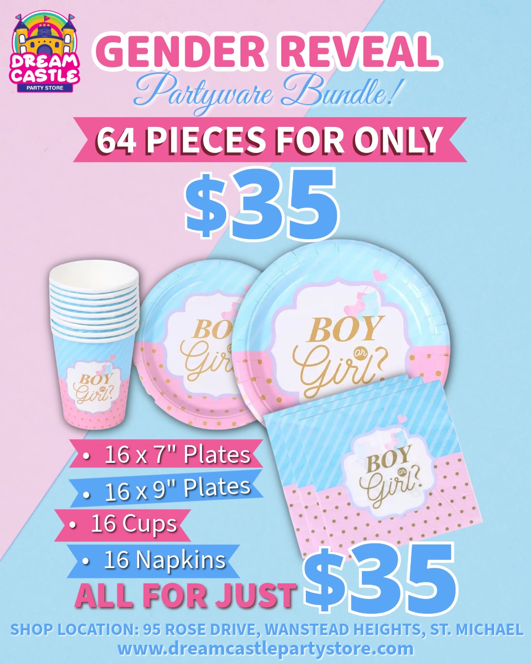 Gender Reveal Partyware Bundle – 64 Pieces for $35