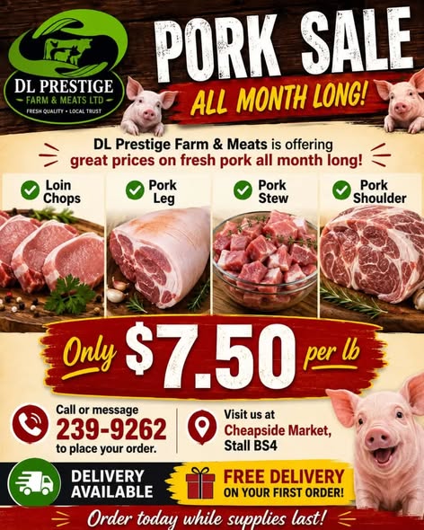 Pork Sale All July – $7.50/lb on Loin Chops, Pork Leg, Shoulder & Stew