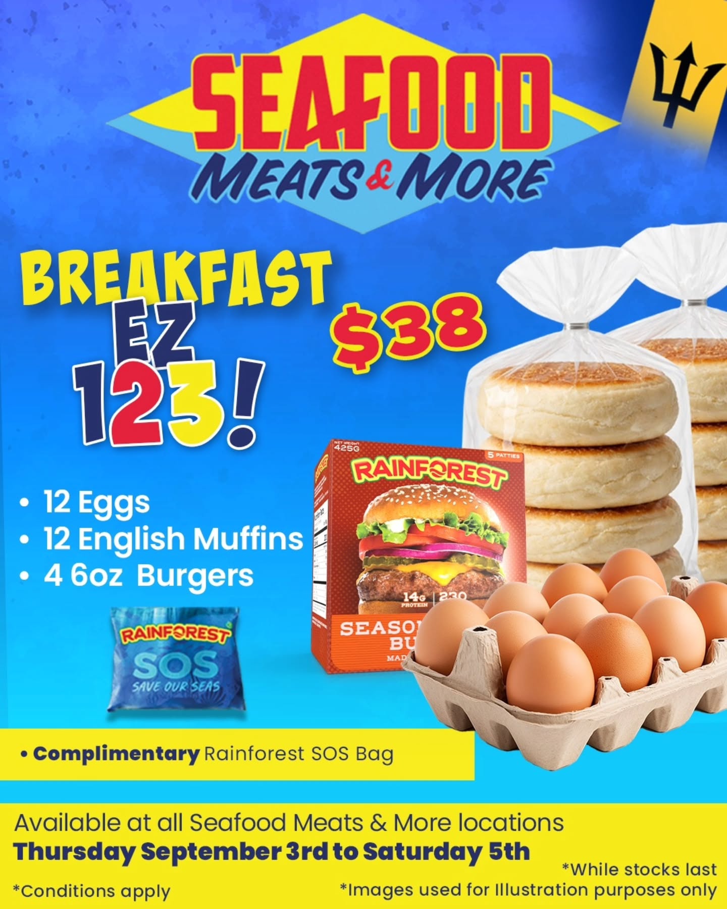 Breakfast EZ 123 Bundle – 12 Eggs, 12 English Muffins & 4 Burgers for $38