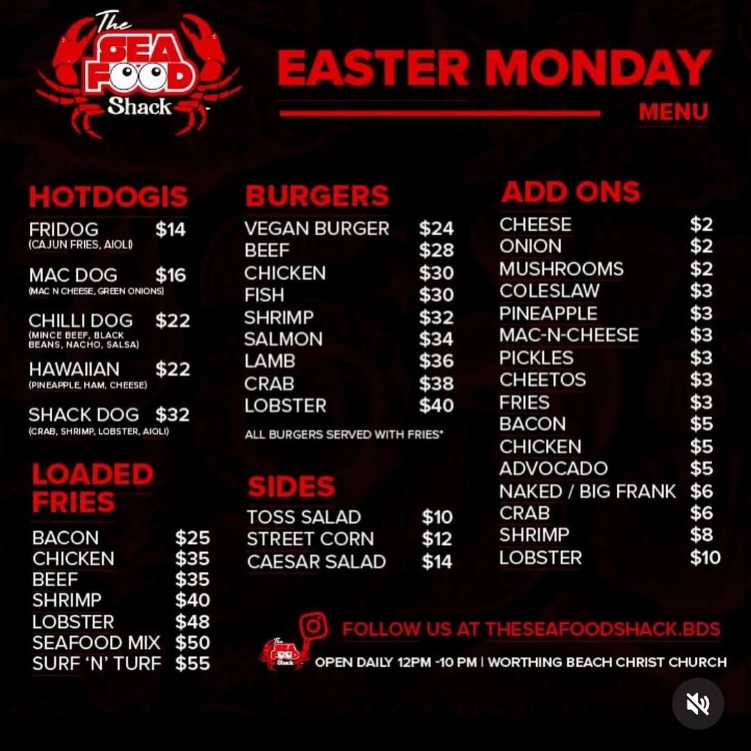 The Seafood Shack Easter Monday Special Menu