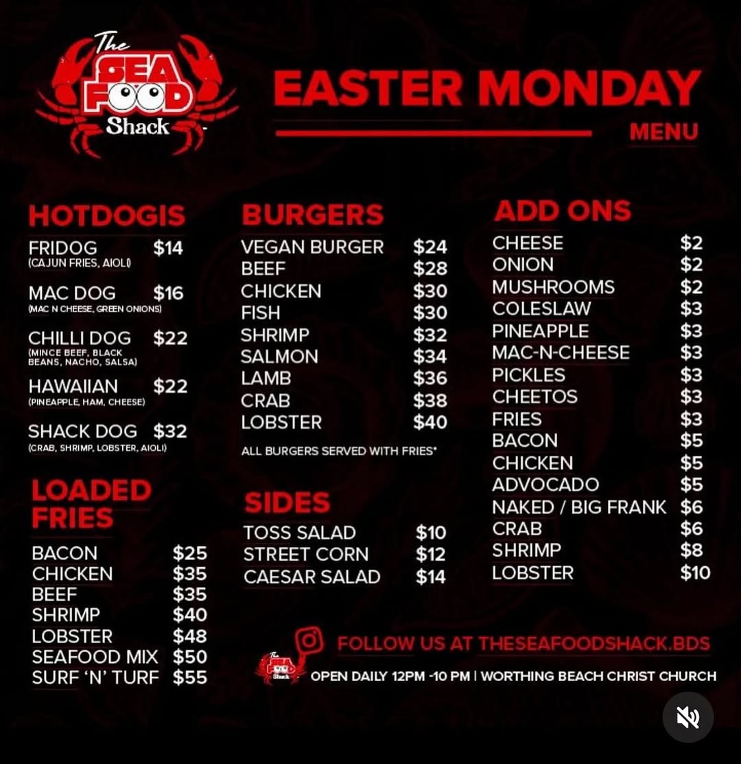 The Seafood Shack Easter Monday Special Menu